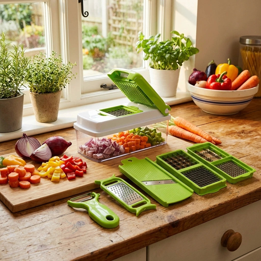 Vegetable grater and slicer set with green handles and multi-blade inserts
