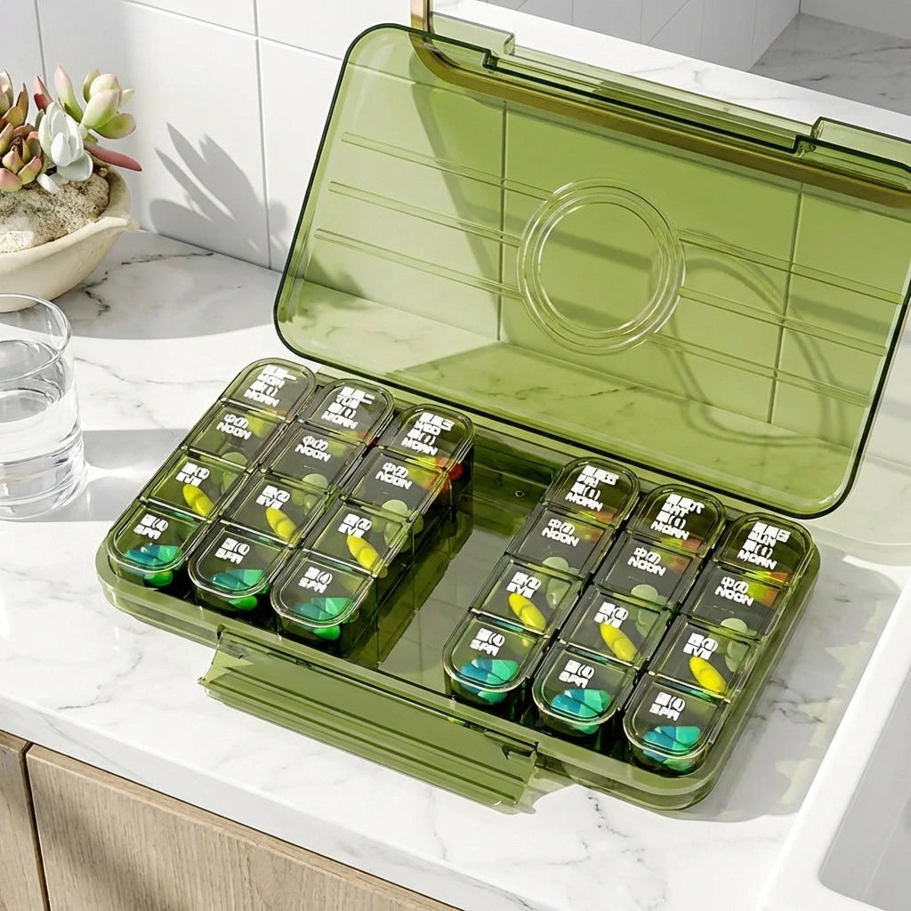 Weekly pill organizer with clear lid, open compartments for days of the week