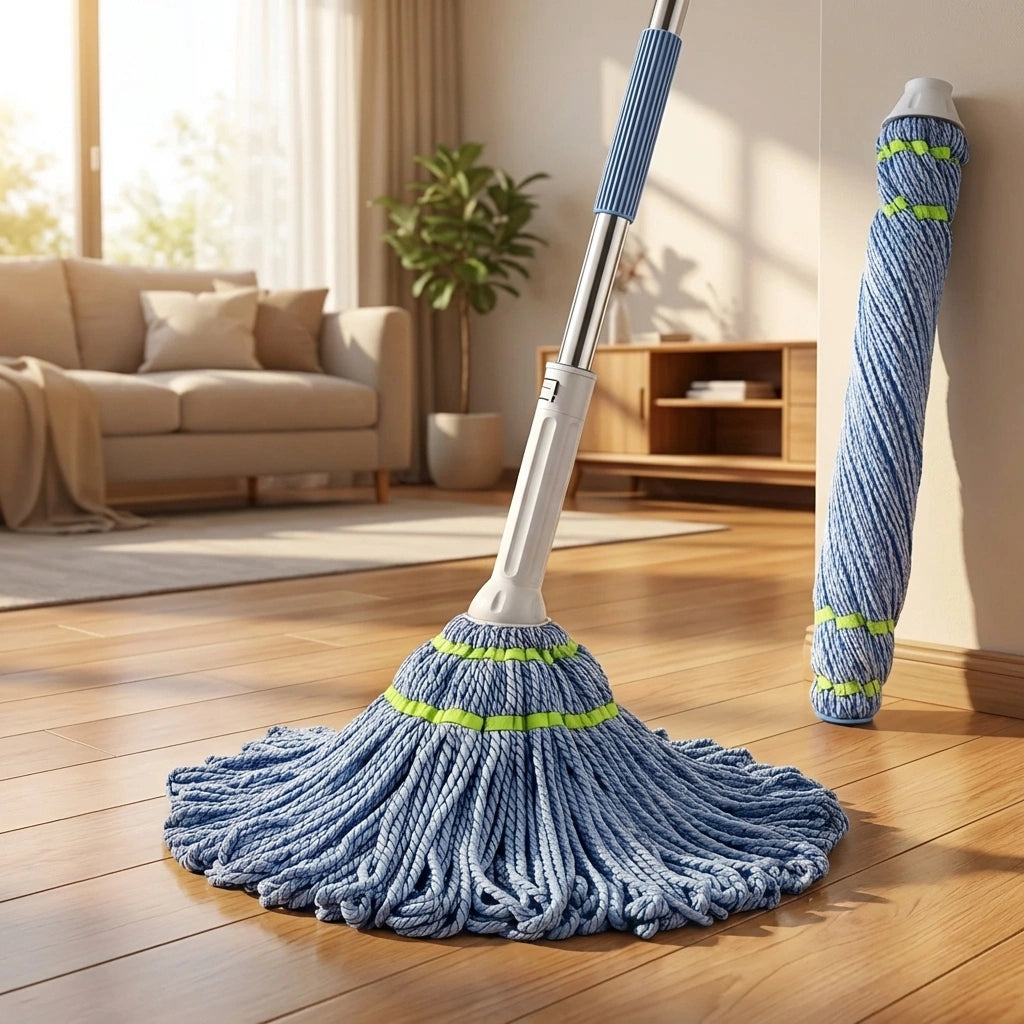 Twist mop with blue microfiber head and stainless steel handle, self-wringing design