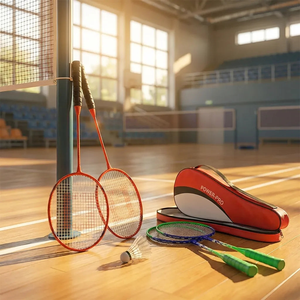Kids badminton racket set with two red rackets, shuttlecock, and red case