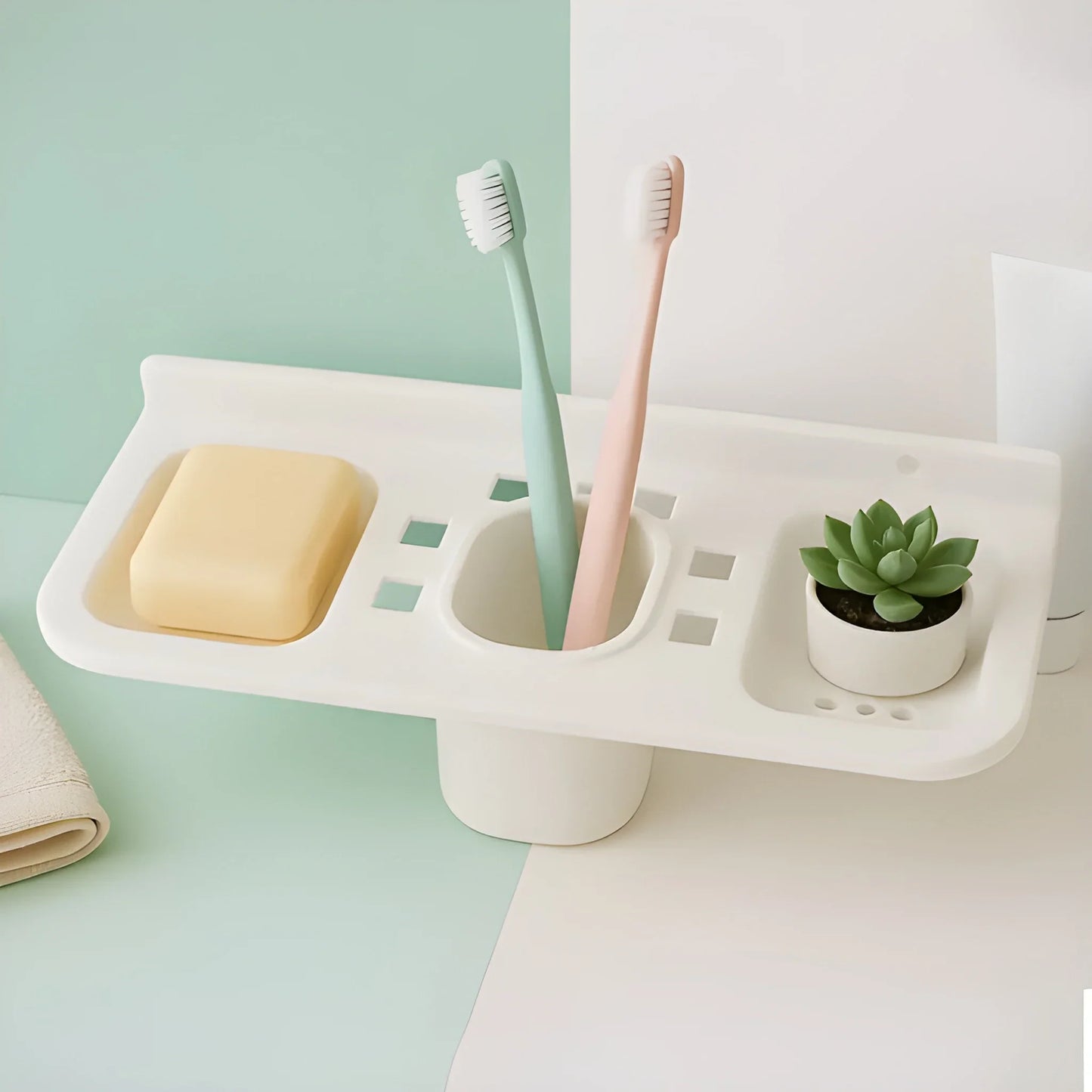 White 4-in-1 soap organizer tray with compartments and two toothbrush holders