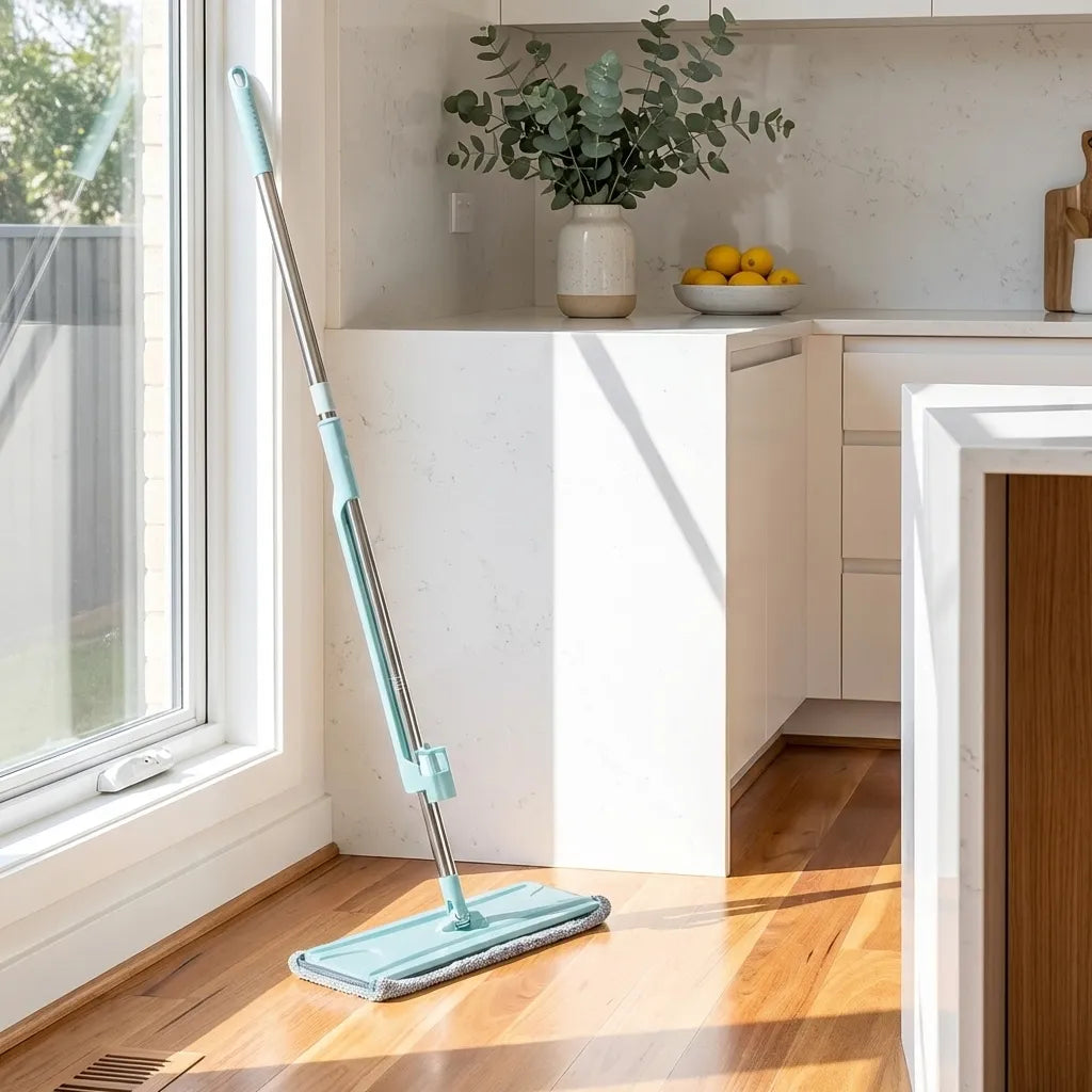 360° flat microfiber mop with teal head and extendable handle