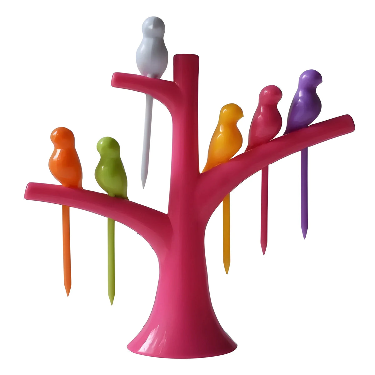 Colorful avian tableware set with red tree stand and upright bird-shaped holders