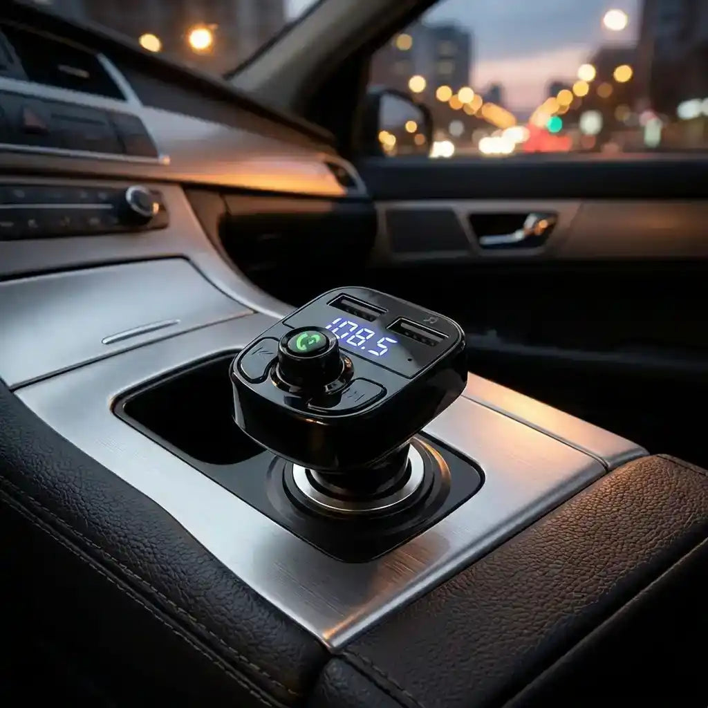 Bluetooth FM transmitter on car console, black device with green lighted display and knob.