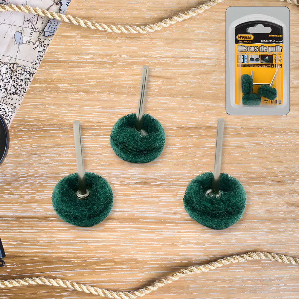 Buffing wheel set with three green abrasive wheels