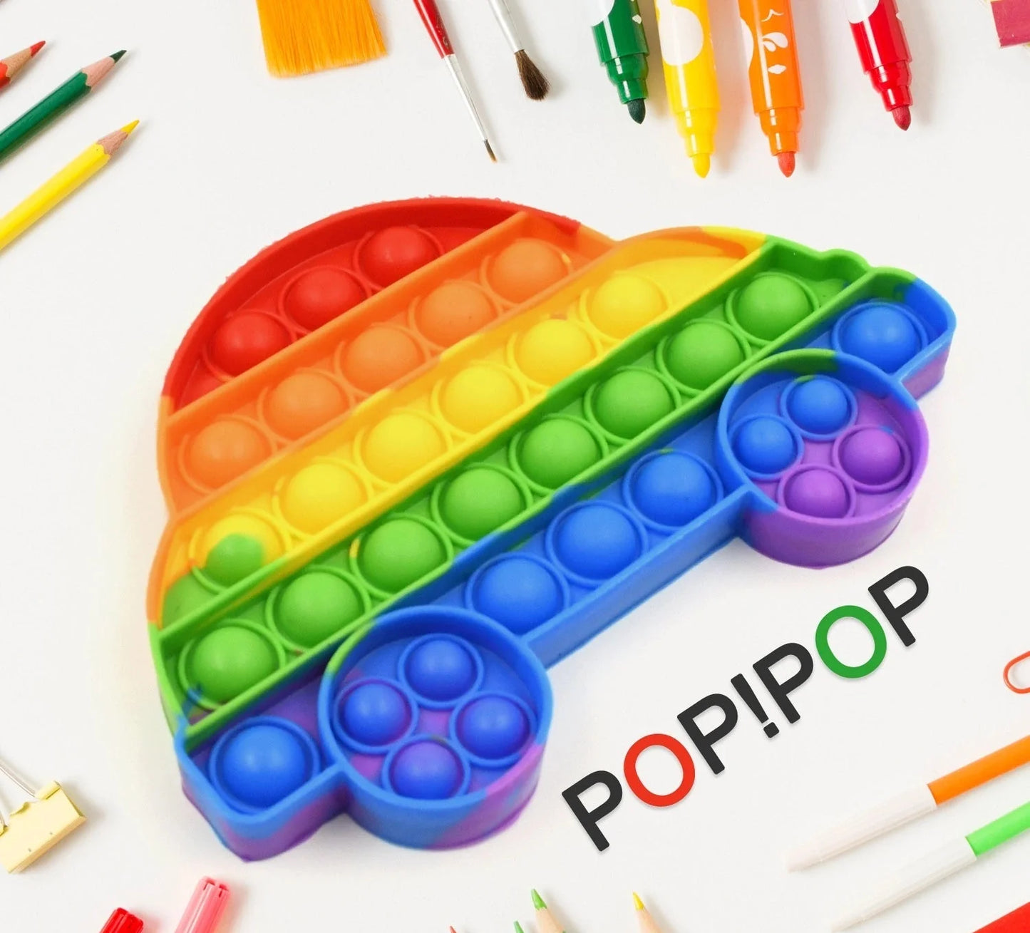Colorful car-shaped pop fidget toy with circular push bubbles