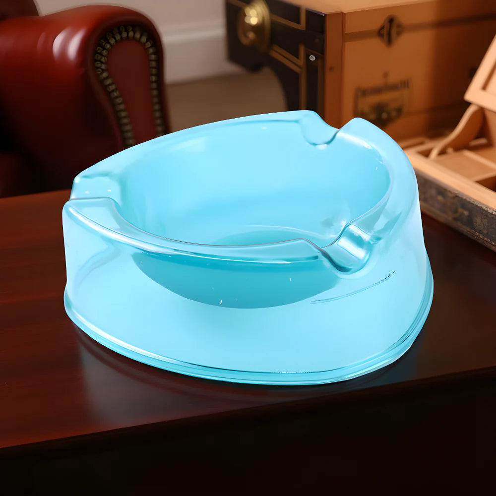 Heavy-duty plastic ashtray, round light-blue bowl with wide raised rim