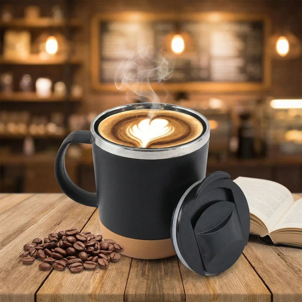 Insulated coffee mug with lid, 450ml, black ceramic-style cup with handle