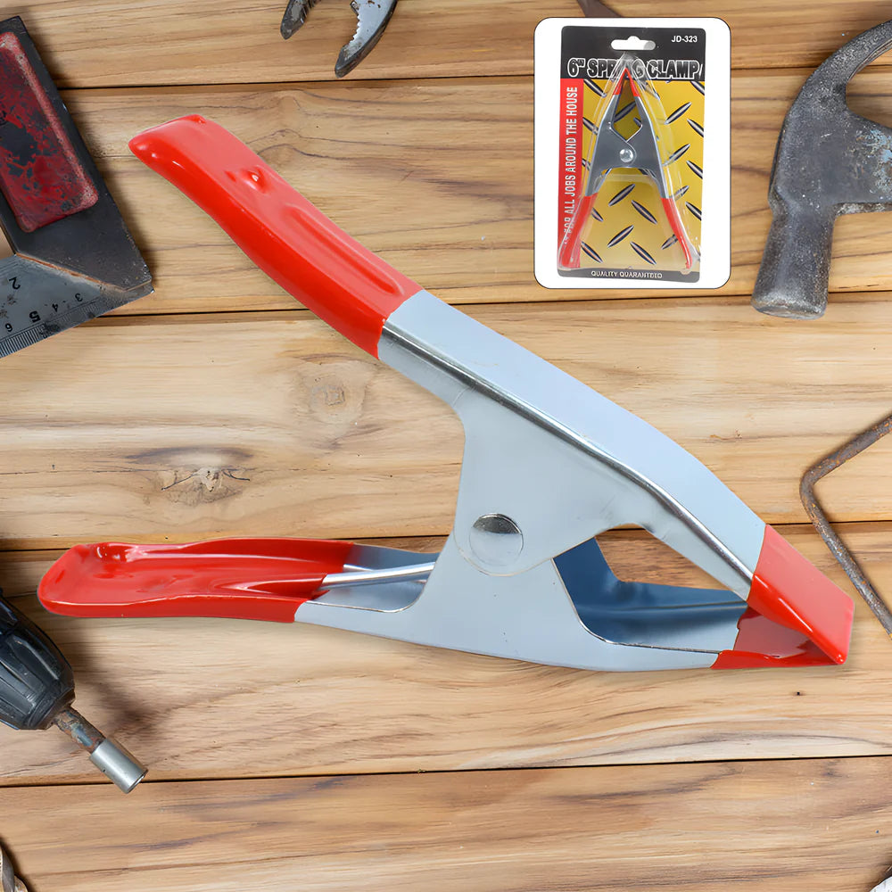 Large grip clamp with red non-slip handle and silver metal jaws