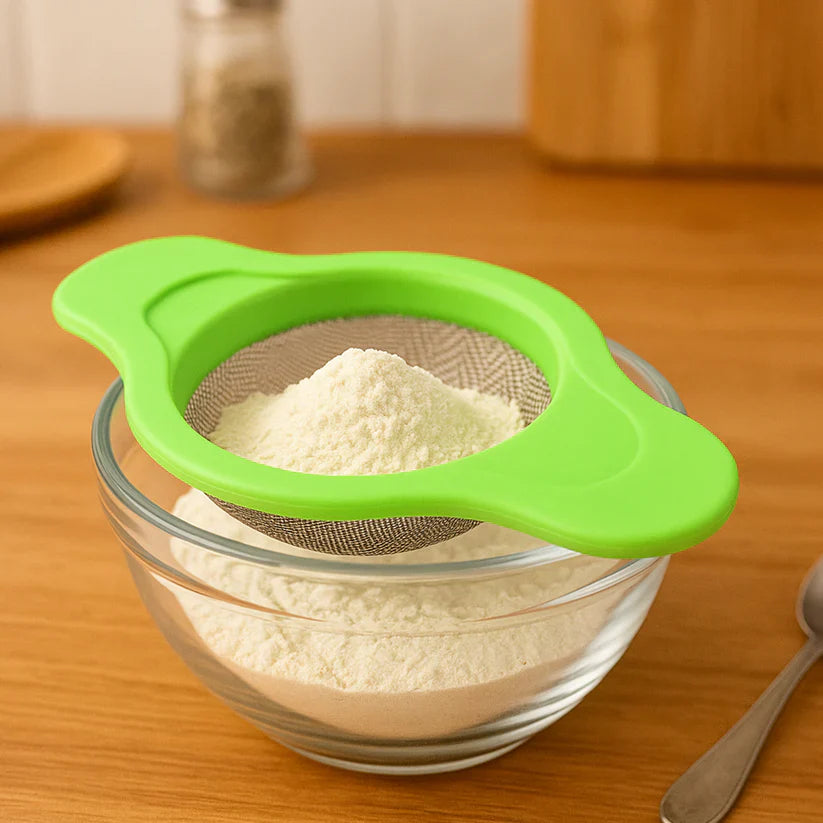 Green mesh kitchen strainer with handle, fine screen bowl for flour or liquids