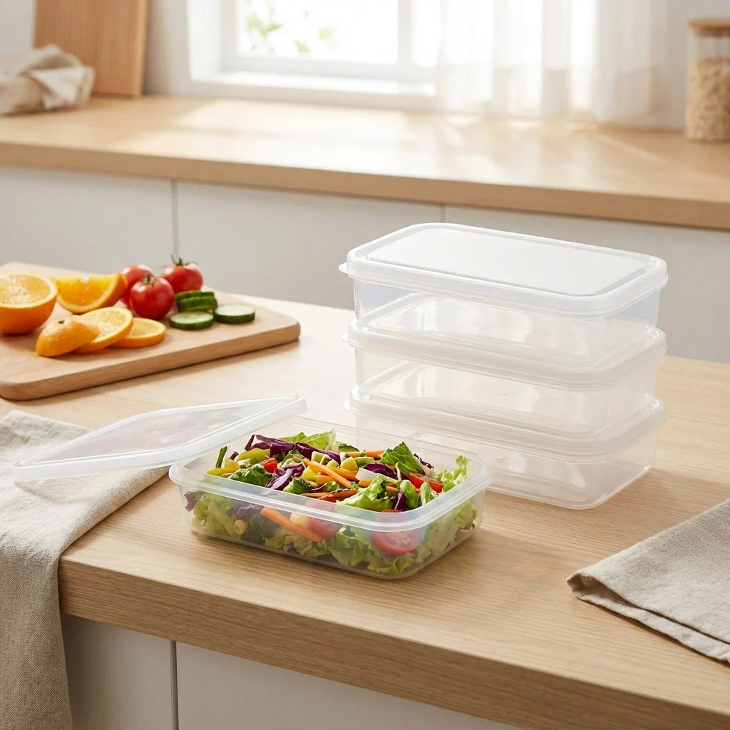 Clear square plastic lunch box containers with lids, stacked