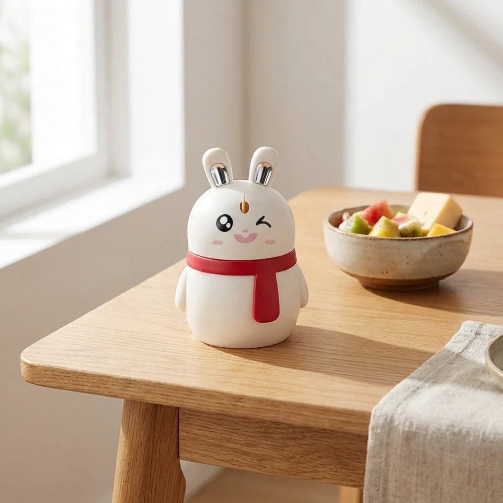 Rabbit-shaped toothpick dispenser, white with red scarf and bunny face