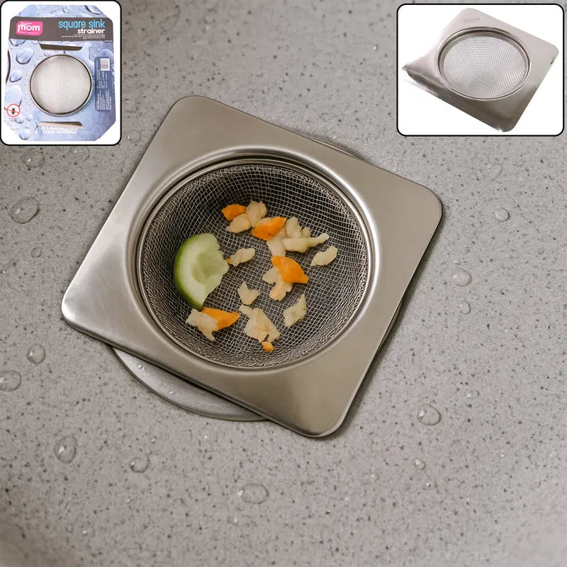 Stainless steel square sink strainer with round mesh basket and fine drain holes