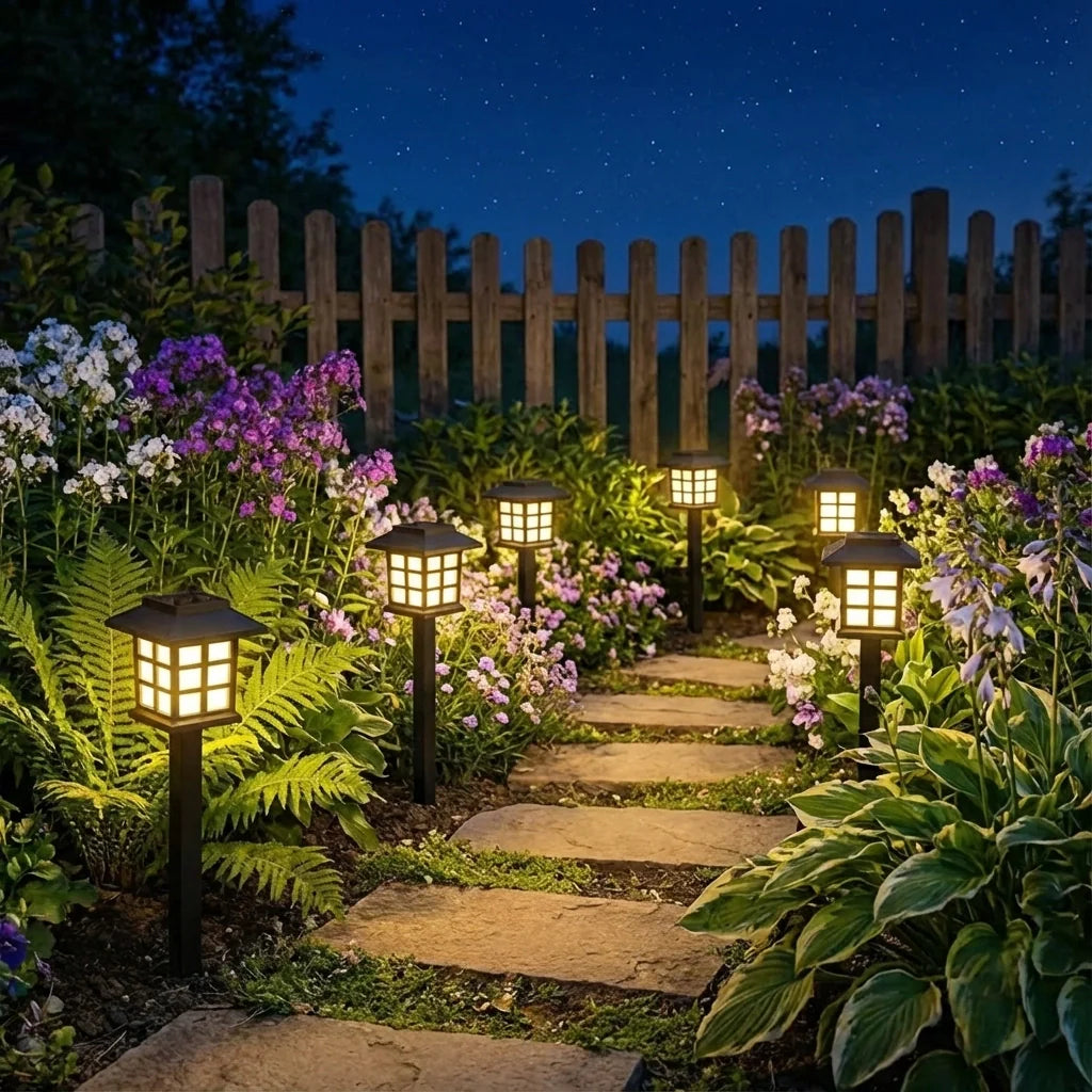 Weatherproof solar pathway light set of five black stake lights with glowing square panels