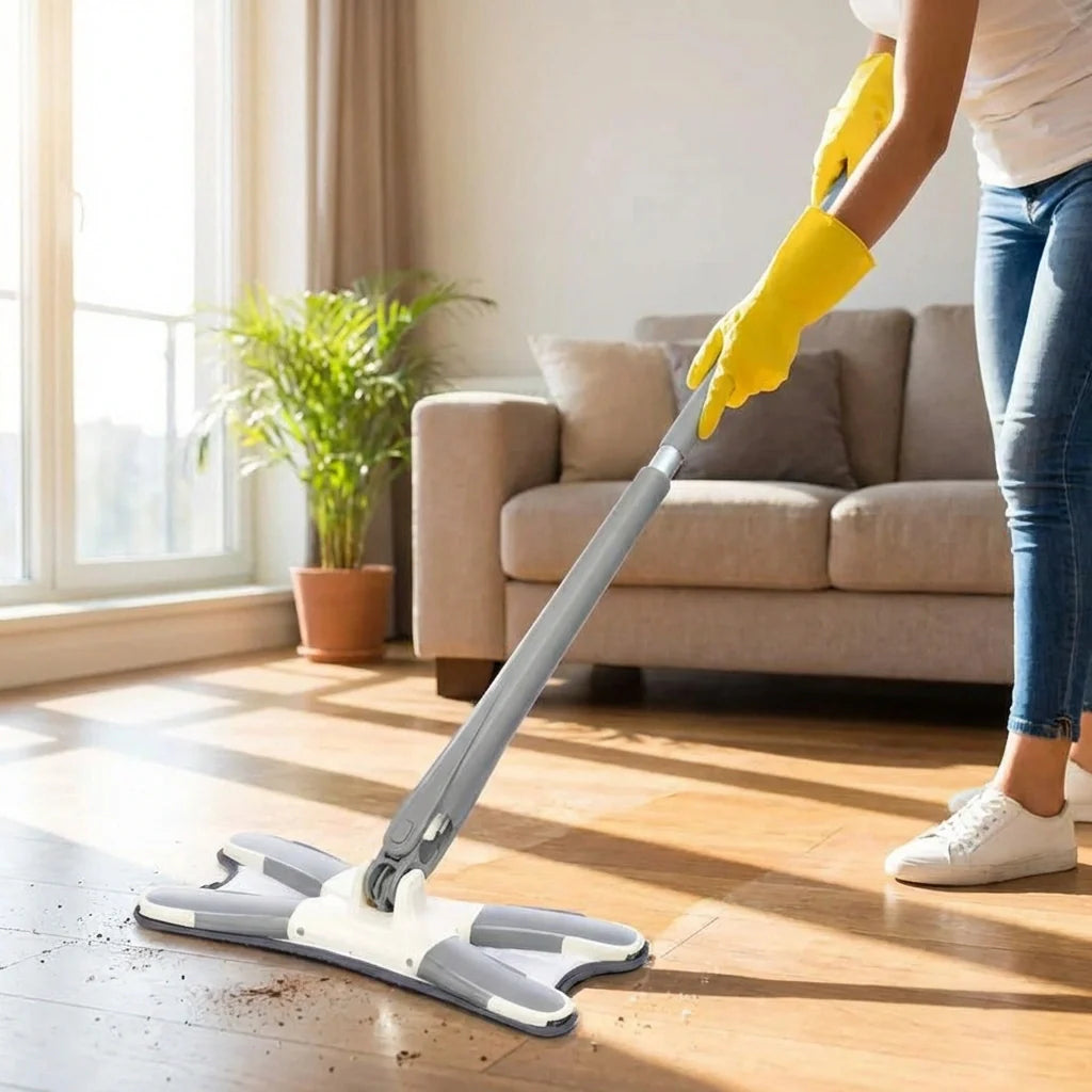 Gray flat X-shape mop with rectangular scrubber head and pivot handle