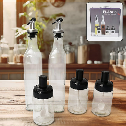 Glass Oil Dispenser & Spice Jar Set – 5 Pcs
