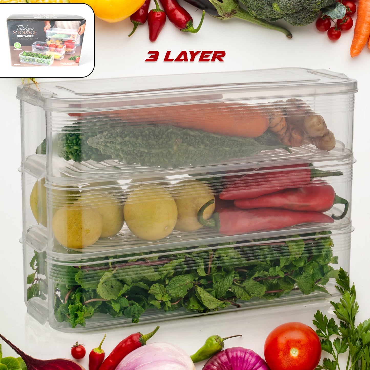 Fridge Organizer With Lid Stackable 3pcs