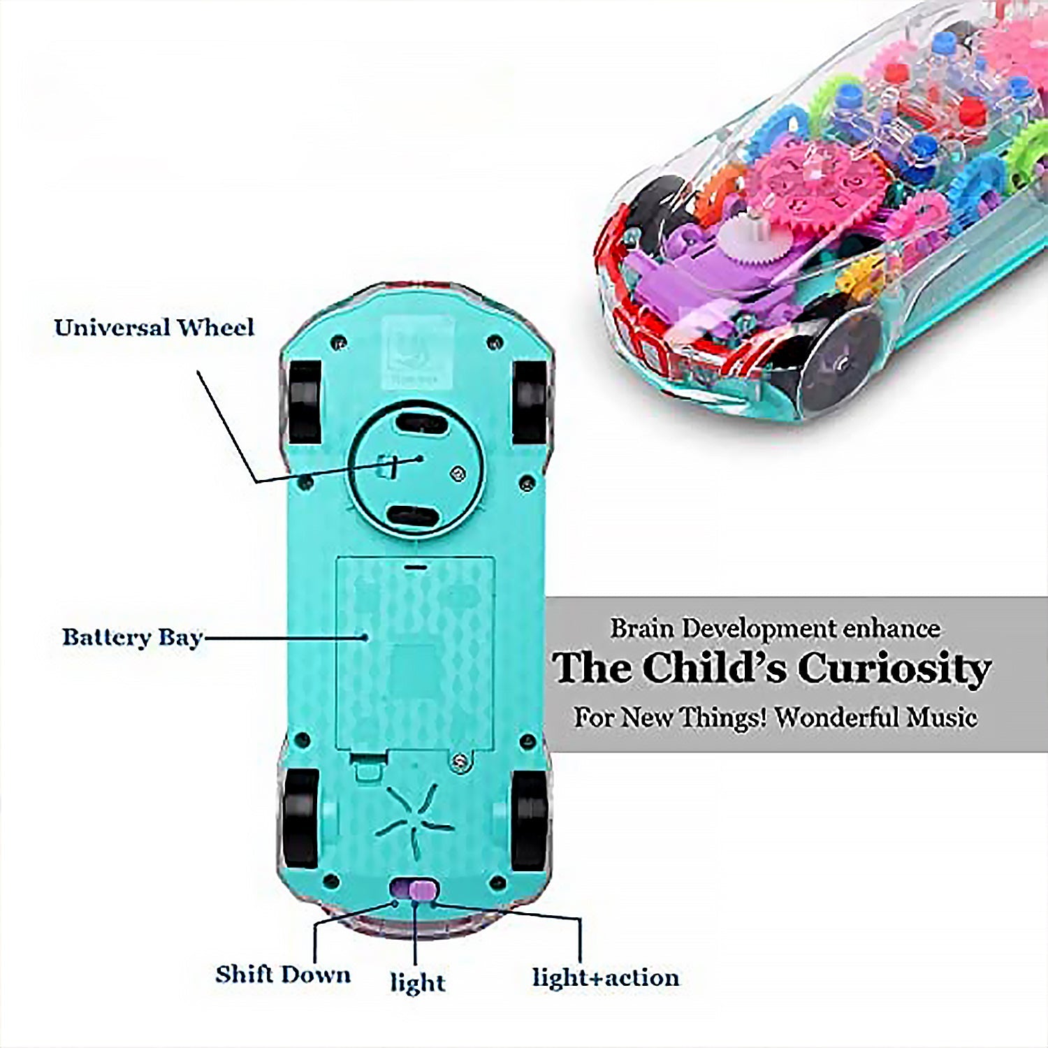 Transparent Gear Car Toy – 360° Rotating
