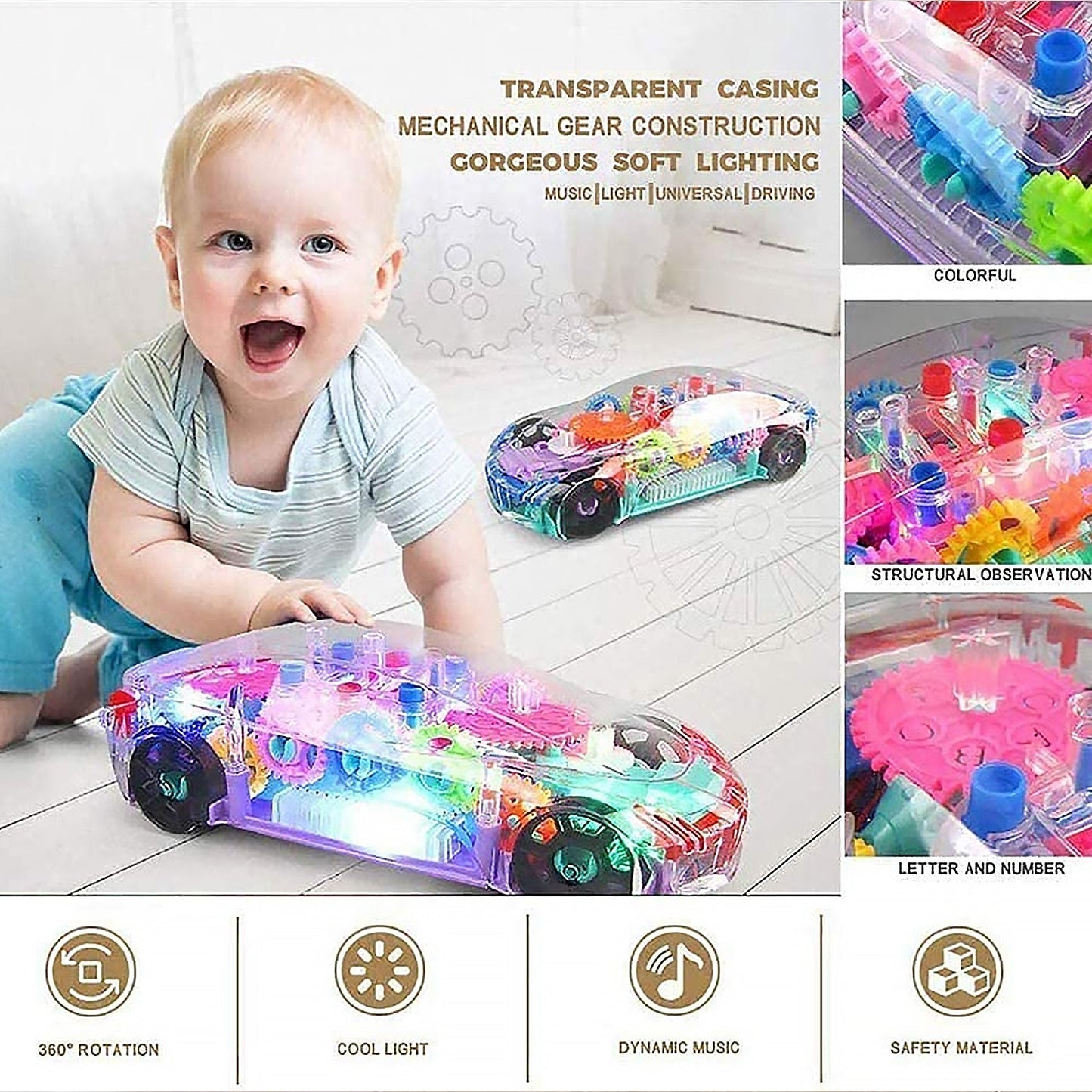 Transparent Gear Car Toy – 360° Rotating