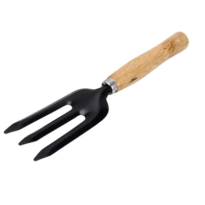 Hand weeding fork with three black metal tines and wooden handle
