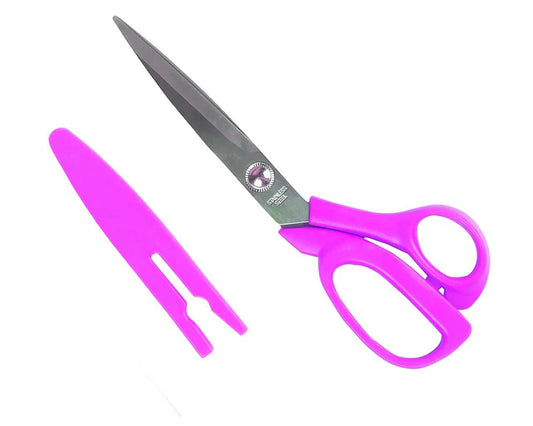 Pink plastic-handled stainless steel fabric scissors with pointed blades