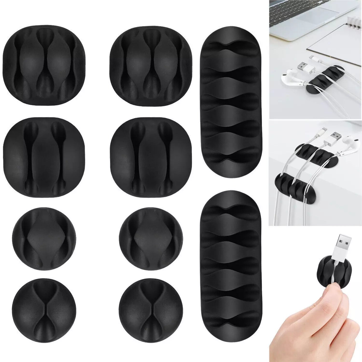 Self-adhesive black cable clips with multi-channel holders, 10-pack