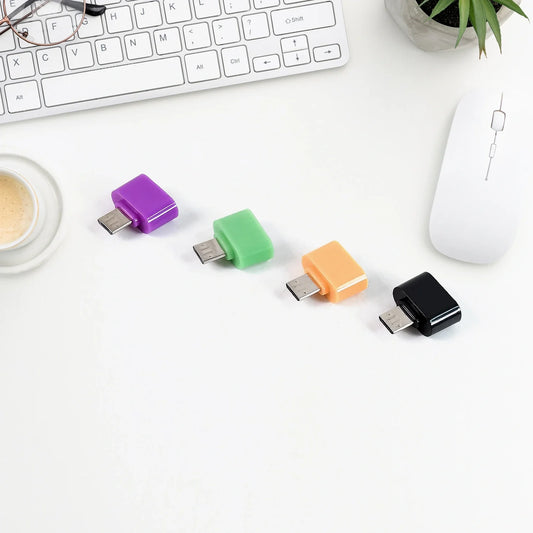 Micro USB OTG adapter connectors in purple, green, orange, and black