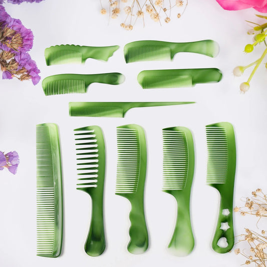 Green hair comb set with 10 assorted combs, wide-tooth and fine-tooth styles