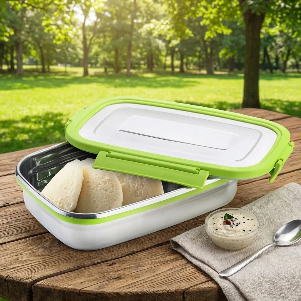Junior lunch pack with open green lid, clear compartment and lunch container