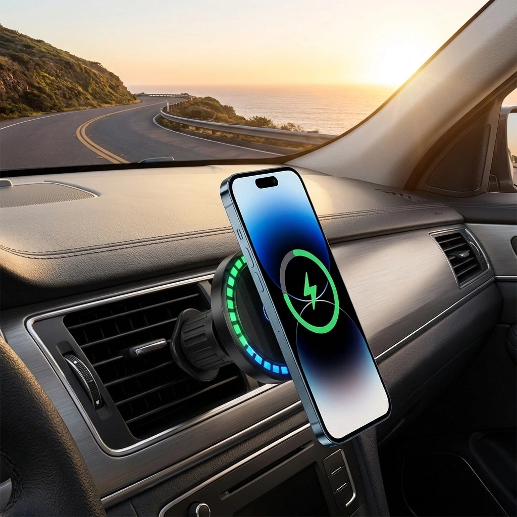 Music-reactive wireless car phone charger with vent mount and LED light ring