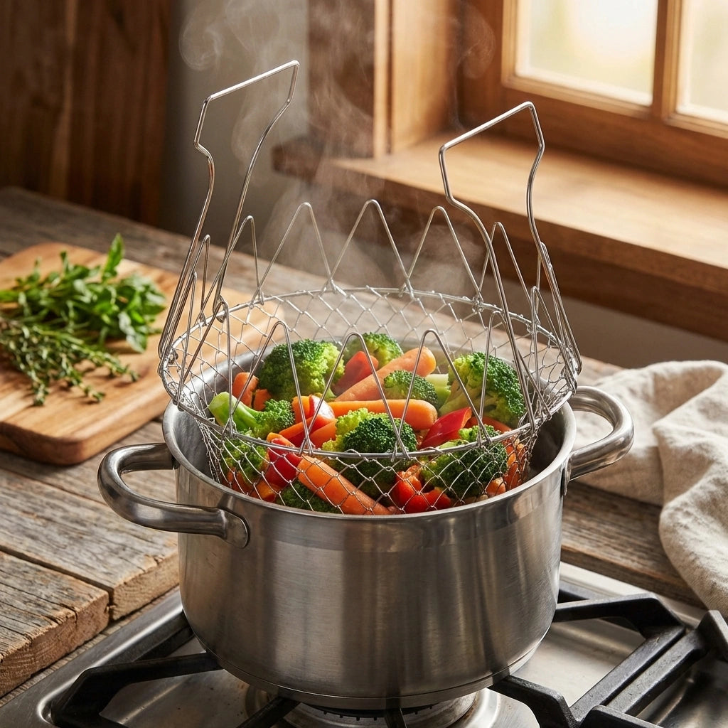 Stainless steel chef basket with wire insert holding mixed vegetables