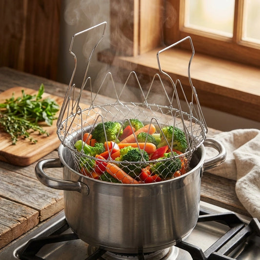 Stainless steel chef basket with wire insert holding mixed vegetables