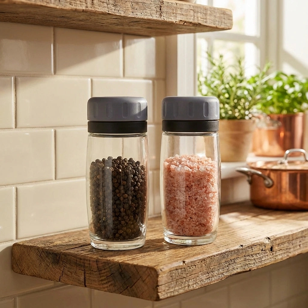 Acrylic salt and pepper shakers with clear bodies and black caps, filled with spices