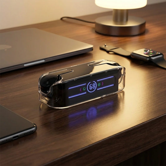 Wireless earbuds charging case with earbuds and LED status display