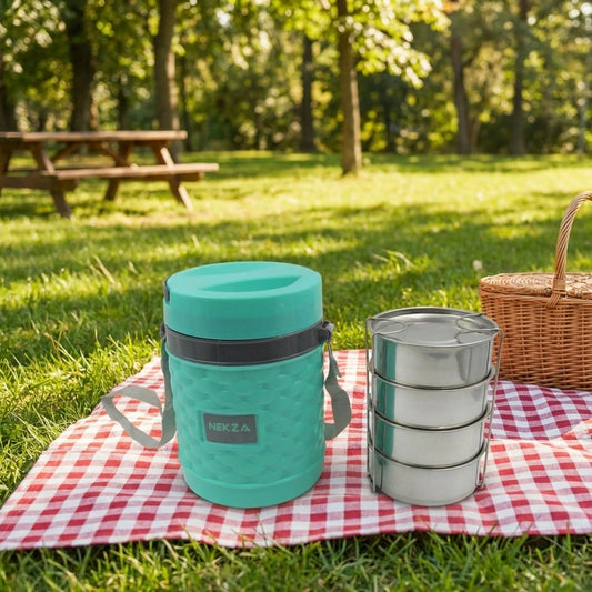 Teal insulated stainless steel tiffin box with lid and stacked inner containers