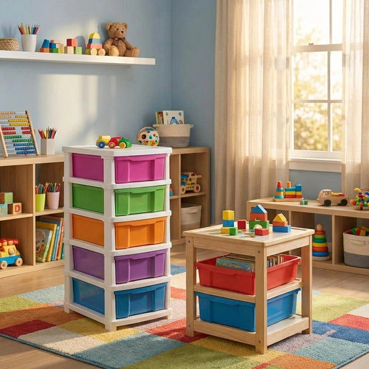 6-layer colorful storage drawer unit with stacked fabric bins and wooden frame