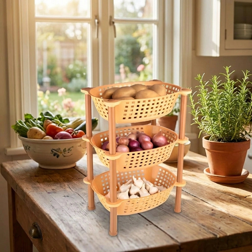Three-tier stackable storage baskets with perforated beige bins and orange frame