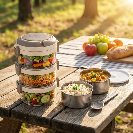 Triple-layer stainless steel insulated lunch box set with round lids and stacked containers