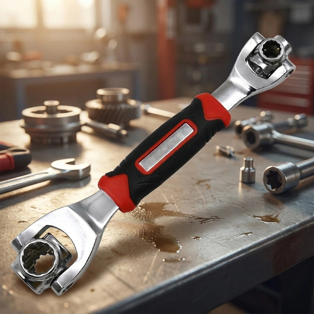 Universal wrench with chrome head and red-and-black ergonomic handle, 48-in-1