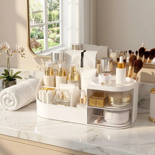 Plastic vanity storage box with rotating two-tier organizer and divided compartments