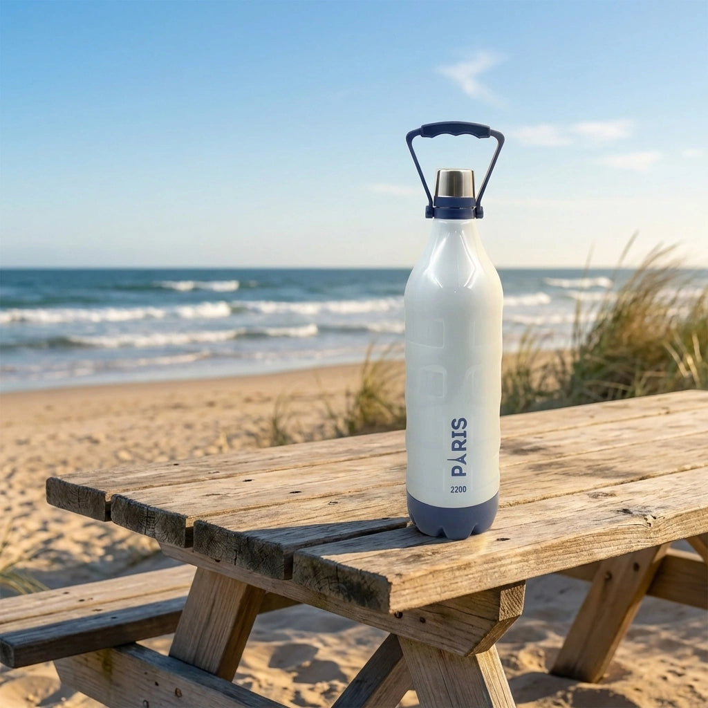 Insulated sports water bottle, white with black lid and handle, 'PARIS' print