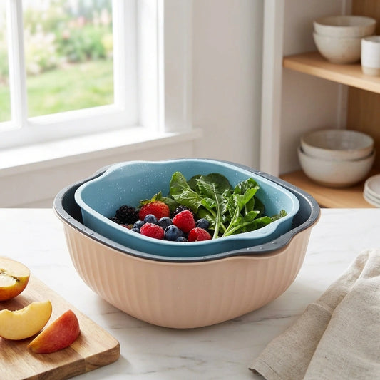 Beige plastic washing bowl with ribbed sides and blue interior, filled with produce.