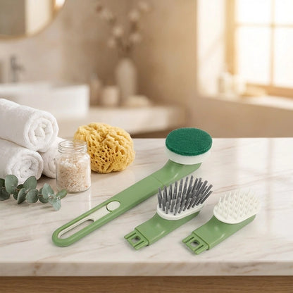 Green long-handle dish brush set with sponge and bristle heads, plus scraper