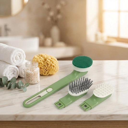 Green long-handle dish brush set with sponge and bristle heads, plus scraper