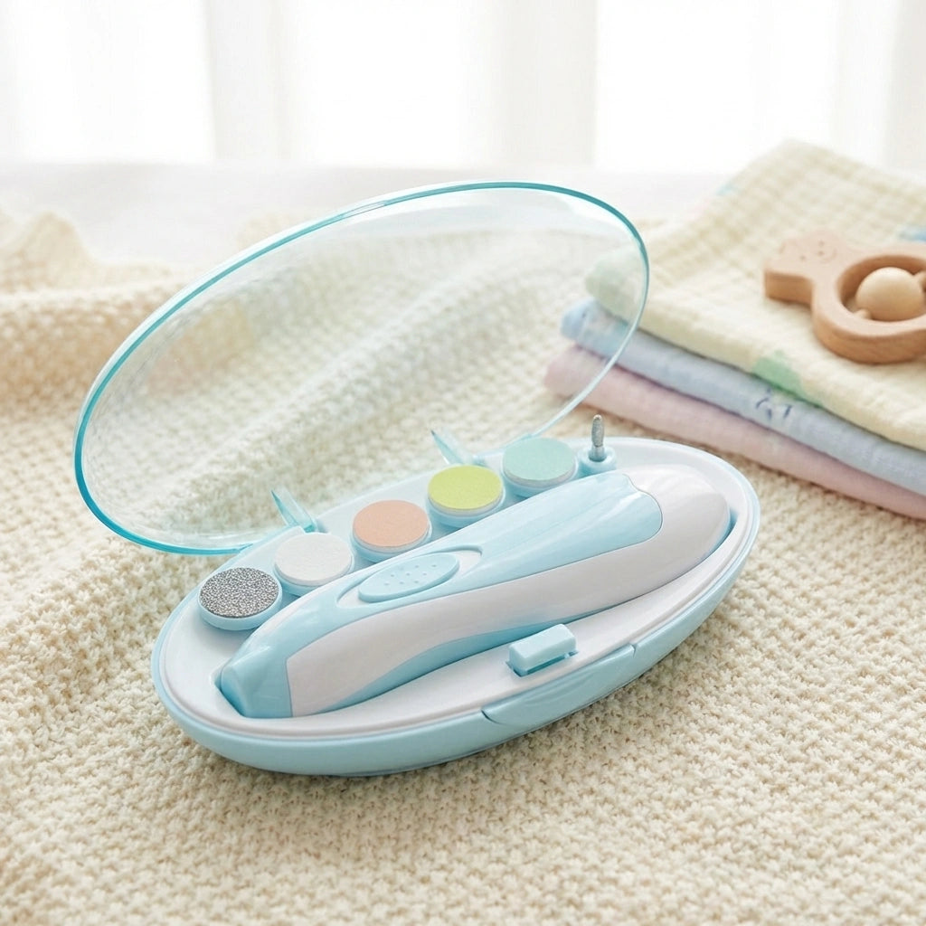Electric baby nail trimmer in light blue with grinding head attachments
