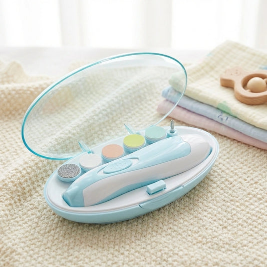 Electric baby nail trimmer in light blue with grinding head attachments