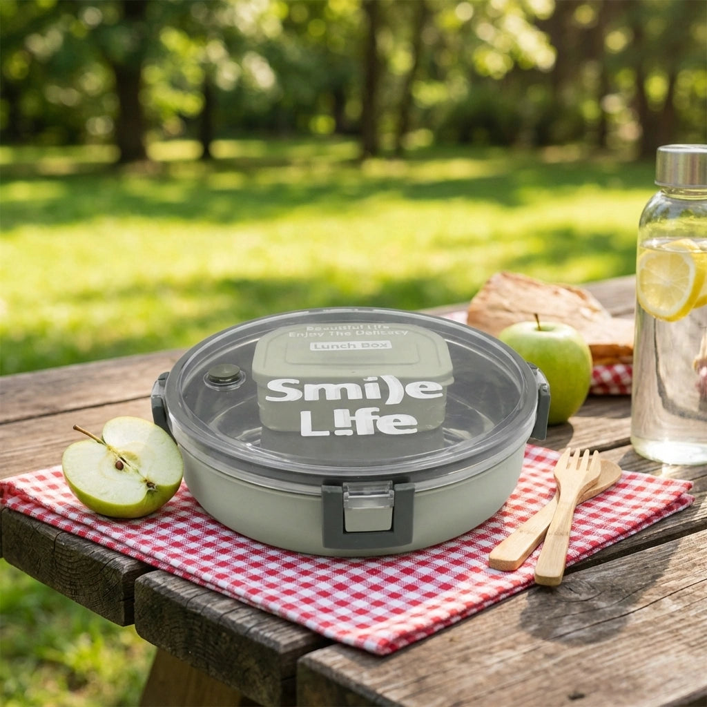 Round stainless steel lunch box with clear lid and clasp