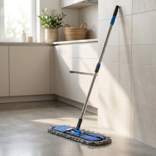 Large wet and dry cotton pad mop with blue pads and metal handle