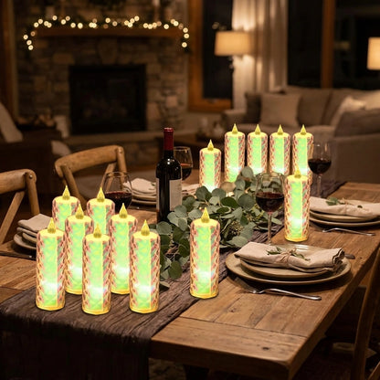 Flickering flameless tea light candles, glowing LED flames in wax-style holders
