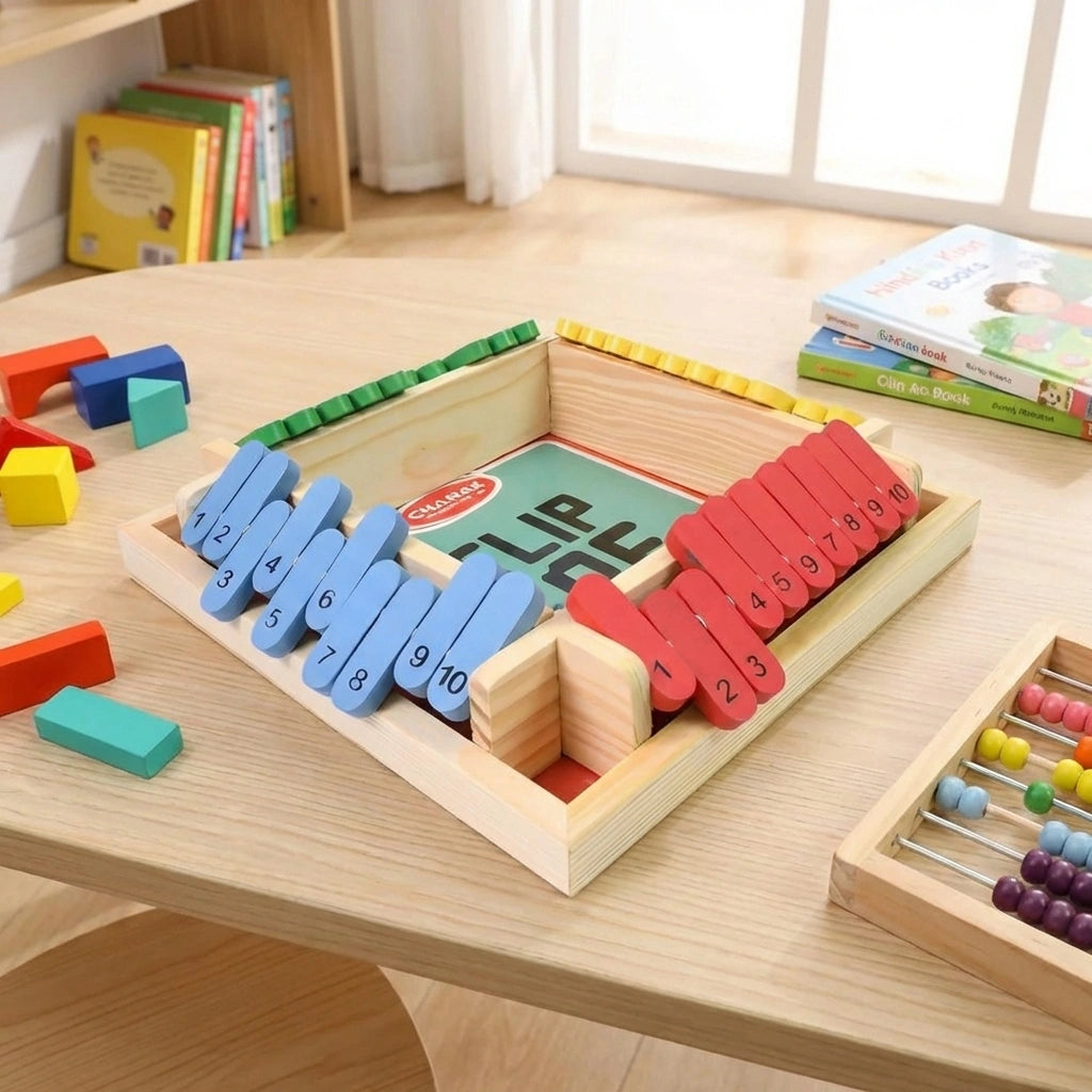 Wooden Shut the Box board game with colored number tiles